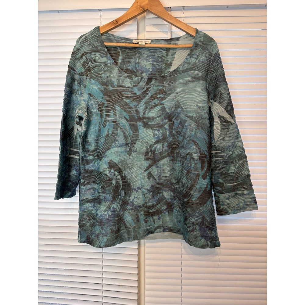 Coldwater Creek XL Teal & Black Abstract Art Print W/ Textured Crinkle Pleating